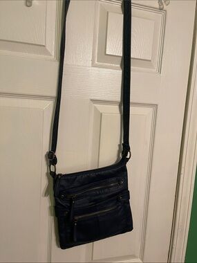 Scarleton Navy Leather-Trim Crossbody with Brown Interior